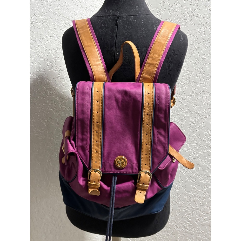 Tory Burch Colorblock Nylon Leather Flap Backpack Magenta Navy Tan Gold Hardware